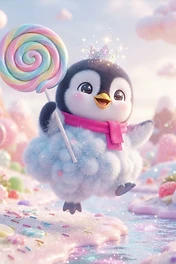 A cute cartoon penguin wearing a pink scarf and small crown holds a giant swirled pastel lollipop in a whimsical candy land landscape with marshmallows and sparkling sprinkles.