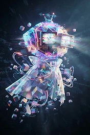 A futuristic robot with a glowing geometric head and two television screens for eyes, wearing a translucent flowing cape amidst floating digital cubes.
