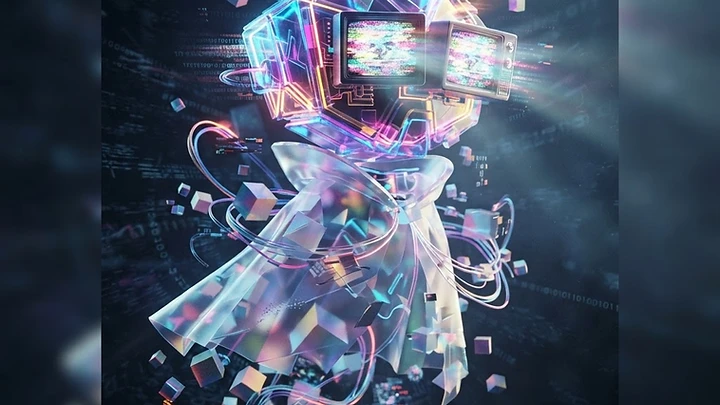 A futuristic robot with a glowing geometric head and two television screens for eyes, wearing a translucent flowing cape amidst floating digital cubes.