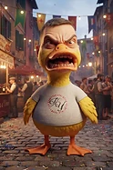 Brainrot Me character: a giant duck with an angry expression in a chaotic Italian village during a festival