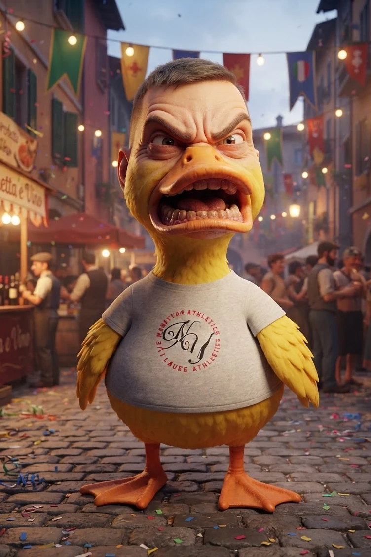Brainrot Me character: a giant duck with an angry expression in a chaotic Italian village during a festival