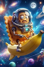 A nervous ravioli character wearing an astronaut helmet and mechanical arms riding a giant banana through a vibrant outer space with planets and aliens.