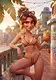 A stylized, 3D-animated style woman with brown curly hair and sunglasses on her head, wearing a striped bikini and holding a colorful tropical cocktail on a sunny Mediterranean-style balcony.
