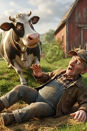 A stylized cartoon cow blowing a cloud of green gas towards a shocked farmer sitting on hay in a barnyard.