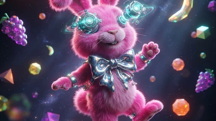 A fluffy pink robotic rabbit wearing a metallic silver bow tie and high-tech glowing blue cybernetic goggles, floating amongst crystalline fruits and geometric shapes in a dark space.