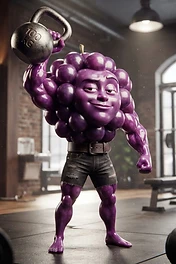 A muscular anthropomorphic grape character lifting a kettlebell in a gym setting, featuring a human face and toned limbs.
