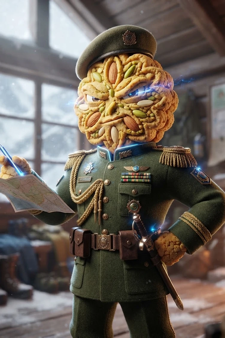 A cookie-faced military commander wearing a green uniform with medals, holding a map inside a rustic log cabin.