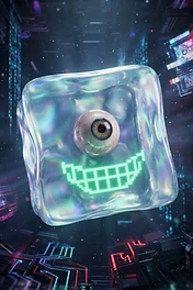 A translucent glass-like cube floating in a dark digital space with a single realistic human eyeball in the center and a glowing green pixelated grin below it.