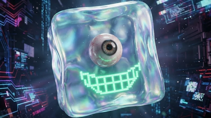 A translucent glass-like cube floating in a dark digital space with a single realistic human eyeball in the center and a glowing green pixelated grin below it.