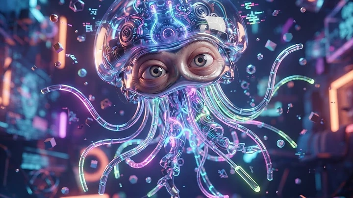A glowing robotic jellyfish with realistic human eyes and internal gears, floating in a futuristic neon-lit digital space.