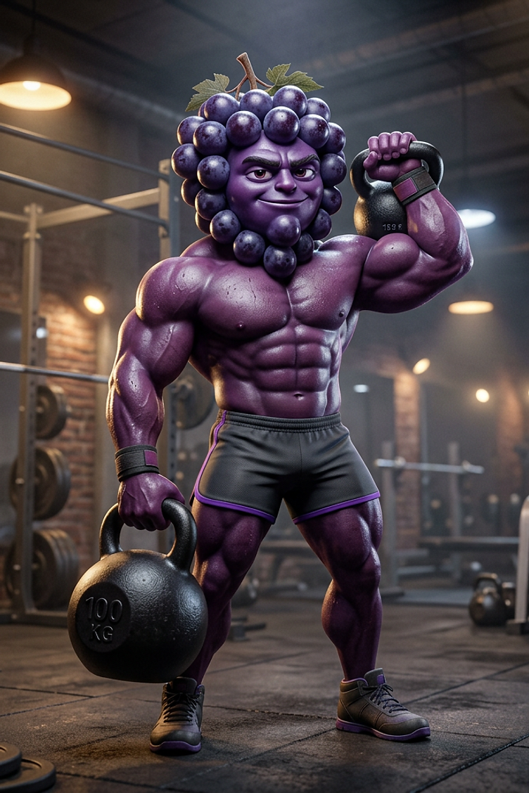 A muscular, anthropomorphic grape character with a human-like body lifting heavy kettlebells inside a gym setting.