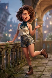 A stylized 3D animated woman with curly brown hair posing on a rustic mossy stone balcony overlooking a European-style town at twilight.