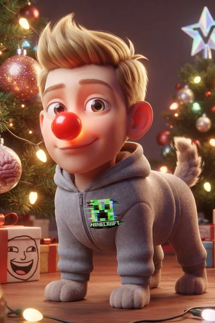 Brainrot Me character: like a dog in mit christmas tree