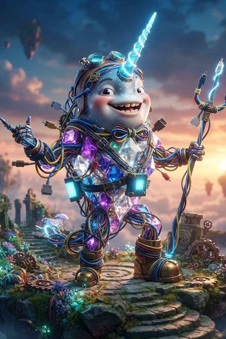 A whimsical cyborg narwhal character with a glowing crystal horn and body, adorned with tangled electronic cables and wires, standing on a floating island against a sunset sky.