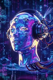 A metallic chrome head with multiple eyes and headphones connected to glowing fiber optic cables in a digital matrix environment.