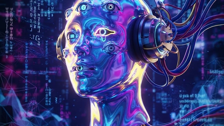 A metallic chrome head with multiple eyes and headphones connected to glowing fiber optic cables in a digital matrix environment.