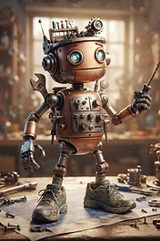A small, rust-colored robot with glowing blue eyes and sneakers stands on a blueprint in a cluttered workshop holding a screwdriver.