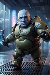 A stylized, short, bald, muscular space soldier wearing green tactical armor and holding a glowing energy hammer in a futuristic station.