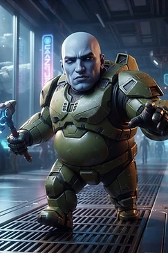 A stylized, short, bald, muscular space soldier wearing green tactical armor and holding a glowing energy hammer in a futuristic station.