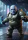 A stylized, short, bald, muscular space soldier wearing green tactical armor and holding a glowing energy hammer in a futuristic station.