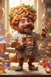 A furry anthropomorphic chef character with a pancake tower hat and a small television screen built into his chef coat, standing in a magical kitchen.