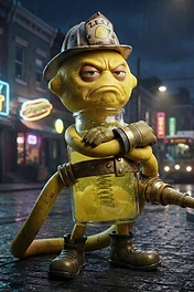 A grumpy, anthropomorphic lemon character wearing a firefighter helmet and uniform, standing on a rainy city street at night, holding a fire hose with a glass jar body filled with yellow liquid.