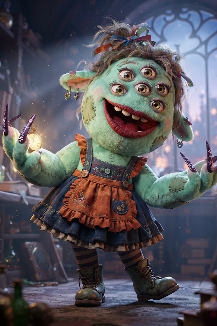A whimsical green three-eyed creature with stitch marks and long dark fingernails wearing an apron and dress in a magical apothecary.