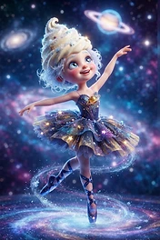 A whimsical ballerina with an ice cream swirl for hair, wearing a galaxy-patterned tutu and dancing in deep space with planets and stars.