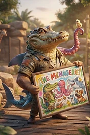 A bipedal crocodile zookeeper wearing a khaki uniform holds a framed picture titled The Menagerie, featuring illustrations of various animals including a shark, octopus, and dogs, with a real tiny chick perched on the crocodile's tentacle and a giraffe in the background.