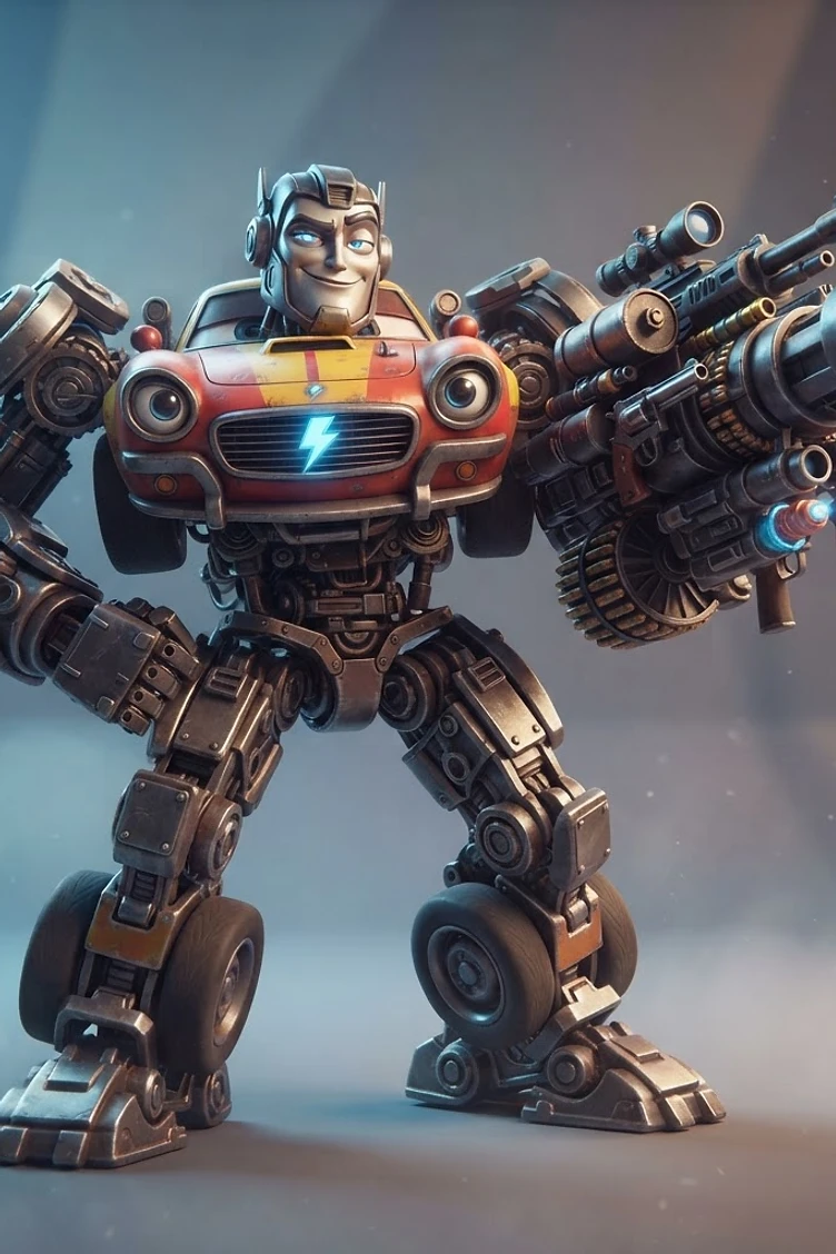 A metallic humanoid robot character with a car front end for a torso and a large futuristic cannon arm standing in a studio.