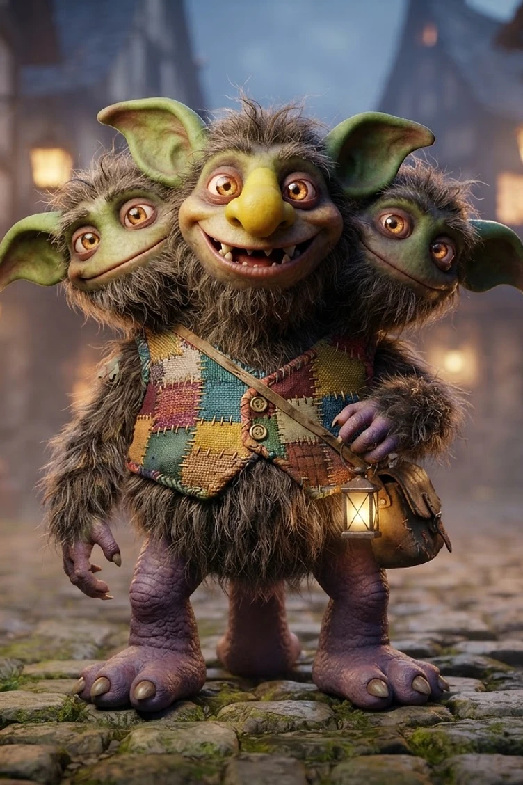 A whimsical three-headed furry troll wearing a patchwork vest and carrying a small lantern while standing on a cobblestone street in a medieval village.