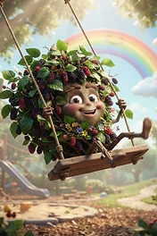 A whimsical, smiling creature made of leaves and blackberries swinging on a wooden swing in a playground with a rainbow in the background.