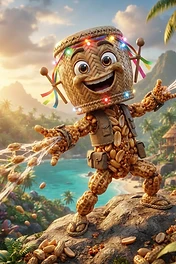 A friendly peanut-textured character wearing a woven basket hat with festive lights, posing like Spider-Man on a tropical cliffside while shooting peanut webs.