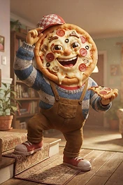 A cartoonish character with a human body and a pizza for a head, wearing a striped sweater, overalls, and a baseball cap, standing on stairs while holding a slice of pizza.