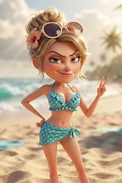 A stylized 3D animated character posing on a beach wearing a polka dot bikini and sunglasses in her blonde hair, making a peace sign.