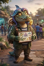 An alligator adventurer wearing an octopus hat and backpack with a puppy and chick, holding a picture board at a zoo.