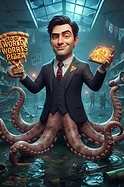 Brainrot Me character: a giant octopus wearing a three-piece suit in a flooded supermarket during a zombie apocalypse