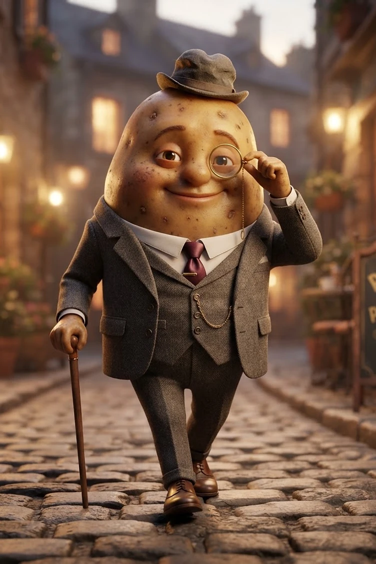 A cartoonish anthropomorphic potato character wearing a grey suit, bowtie, top hat, and monocle walks with a cane down a cobblestone street near a shop sign.