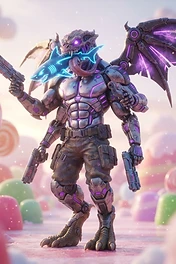 A four-armed cyborg dragon creature with glowing purple wings holding a glowing blue shark in its mouth and pistols in its hands, standing in a candy landscape.