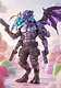 A four-armed cyborg dragon creature with glowing purple wings holding a glowing blue shark in its mouth and pistols in its hands, standing in a candy landscape.