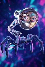 A surreal creature with the metallic body and articulated arm of a desk lamp, featuring two realistic human eyes inside its head and a purple spider-like body with multiple legs, floating against a vibrant neon blue and pink background.