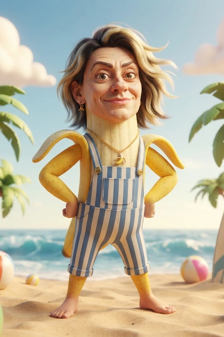 Brainrot Me character: like a banana in on the beach
