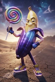 A stylized, anthropomorphic banana character with a galaxy-themed peel and skin, standing on a desert road under a space sky while holding a rainbow lollipop.