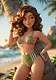 A stylized 3D animated woman with wavy brown hair posing next to a palm tree on a tropical beach wearing a green striped bikini.