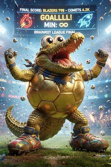 A cartoon crocodile with a soccer ball torso celebrating a victory in a packed stadium during the Brainrot League final.