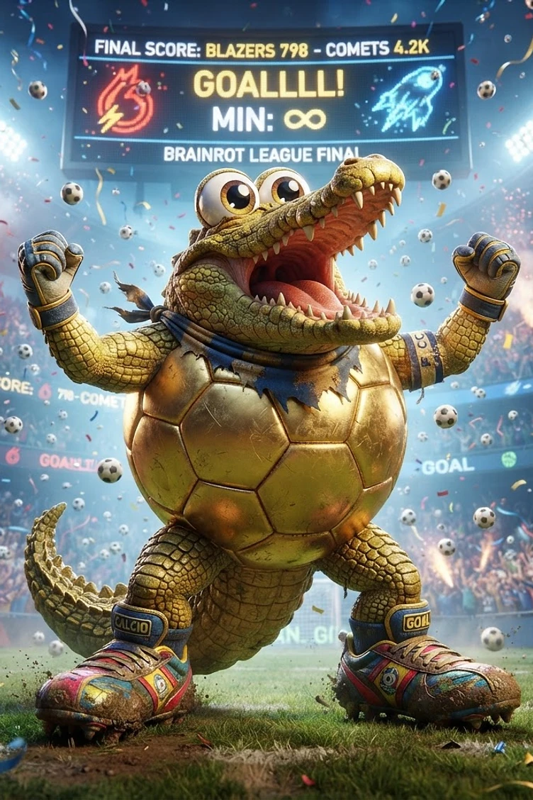 A cartoon crocodile with a soccer ball torso celebrating a victory in a packed stadium during the Brainrot League final.