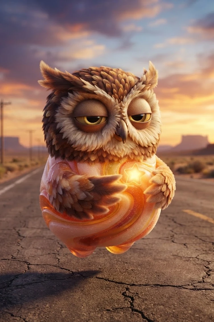 A fluffy, sleepy-eyed owl with a swirling, translucent, glowing orange body holding a bright star, floating on a deserted highway at sunset.