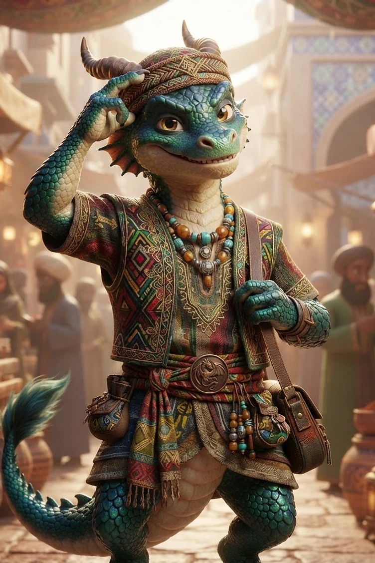 A friendly anthropomorphic blue dragon creature wearing colorful traditional patterns and beads in a bustling desert market.