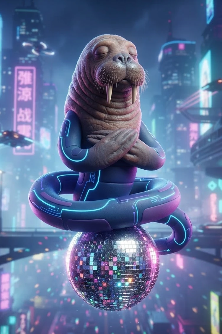 A meditative walrus creature with a robotic snake-like body, sitting atop a glowing disco ball in a vibrant neon cyberpunk city at night.