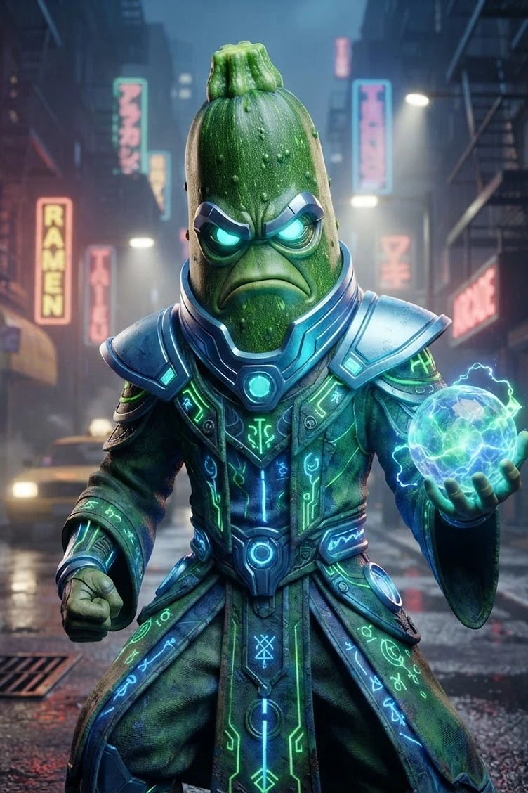 An anthropomorphic green pickle character dressed in futuristic glowing armor holding an energy orb in a rainy cyberpunk alleyway.